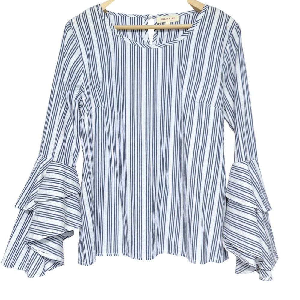 Solitaire Anthropologie Top Womens L Blue Striped Tiered Ruffle Sleeve Cotton